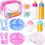 15Pcs Baby Doll Accessories Magic Bottle Set,Pretend Play Feeding Toy with Juice Milk Bottles,Sippy Cups,Pacifiers,Bowl Spoons,Bib,Diaper,Dolls Feeding Kit for Kids Girls,Party,Gift - Image 2