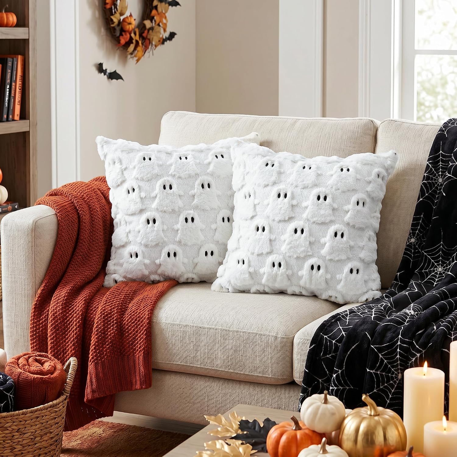 AVOIN colorlife Halloween Ghost White Throw Pillow Cover Set of 2, 18 x 18 Inch Soft Plush Faux Fur Jacquard Spooky Cushion Case Decoration for Sofa Couch - Image 3