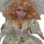 Victorian Porcelain Doll 16 Inch Standing with Beige Overlay Gown and Matching - Image 3