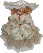 Victorian Porcelain Doll 16 Inch Standing with Beige Overlay Gown and Matching - Image 6