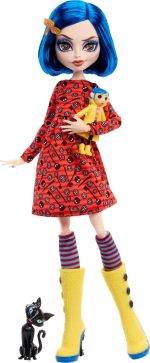 Monster High Skullector Doll, Coraline Collectible in Yellow Raincoat with Dress and Accessories Like Rag Doll, Cat Figure, and Doll Stand - Image 6