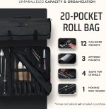 Asaya Waxed Nylon Chef Knife Roll Bag with 20 Slots and Zippered Pockets - Professional Chef Knife Bag & Storage Case, Tool Carrier with Shoulder Strap - Knives Not Included (Black) - Image 3