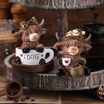 Wesiti 2 Pcs Coffee Highland Cow Figurines Decor, Coffee Cow Desk Decorations Gnomes Scottish Resin Statue Calf for Home Garden Kitchen Office Tiered Tray Table - Image 3