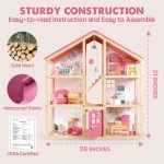 Tiny Land Wooden Dollhouse for Girls - 6 Rooms Wooden Doll House | DIY Pretend Doll House with 31Pcs Furniture Accessories, Creative Gift for Girl Ages 3+,Pink - Image 5