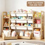 Toy Storage Organizer with Bookshelf for Kids – Wooden Toy Organizer with 6 Shelves & 9 Storage Bins & 2 Drawers, Playroom Nursery Bedroom Organization & Decor - Image 7