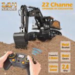 Remote Control Excavator Toy 1/14 Scale RC Excavator, 22 Channel Upgrade Full Functional Construction Vehicles Rechargeable RC Truck with Metal Shovel and Lights Sounds - Image 4