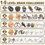 32 Pcs Brain Teaser Puzzles Set for Adults Kids – Wooden & Metal 3D IQ Game, Challenging Disentanglement Logic Puzzles, Family Party Favor Portable Travel Pouch Set - Image 4