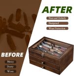 Knife Display Case, Knife Collection Display Holder with Glass Lid, 3-Layer Wooden Pocket Knife Case with Drawers (Walnut) - Image 6
