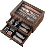 Knife Display Case, Knife Collection Display Holder with Glass Lid, 3-Layer Wooden Pocket Knife Case with Drawers (Walnut) - Image 8