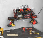 CCCEI Garage Tools Storage with Charging Station. Power Tool Battery Organizer Utility Shelf with Power Strip. 4 Drills Holder Wall Mount Rack, Black. - Image 7