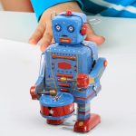 Clockwork Tin Robot Toy Desk Decor Blue | Clockwork drumming action, retro collectible, for home office decor & gifting, tin material, 3.74 x 2.16 x 2.16in - Image 6