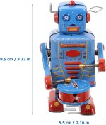 Clockwork Tin Robot Toy Desk Decor Blue | Clockwork drumming action, retro collectible, for home office decor & gifting, tin material, 3.74 x 2.16 x 2.16in - Image 8