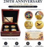 250th Anniversary USA Coin Set (1776–2026) – 4PCS Patriotic Challenge Coins with Wooden Box & Card, America 250th Commemorative Collectible, Fan-Made Non-Official Keepsake Gift - Image 3