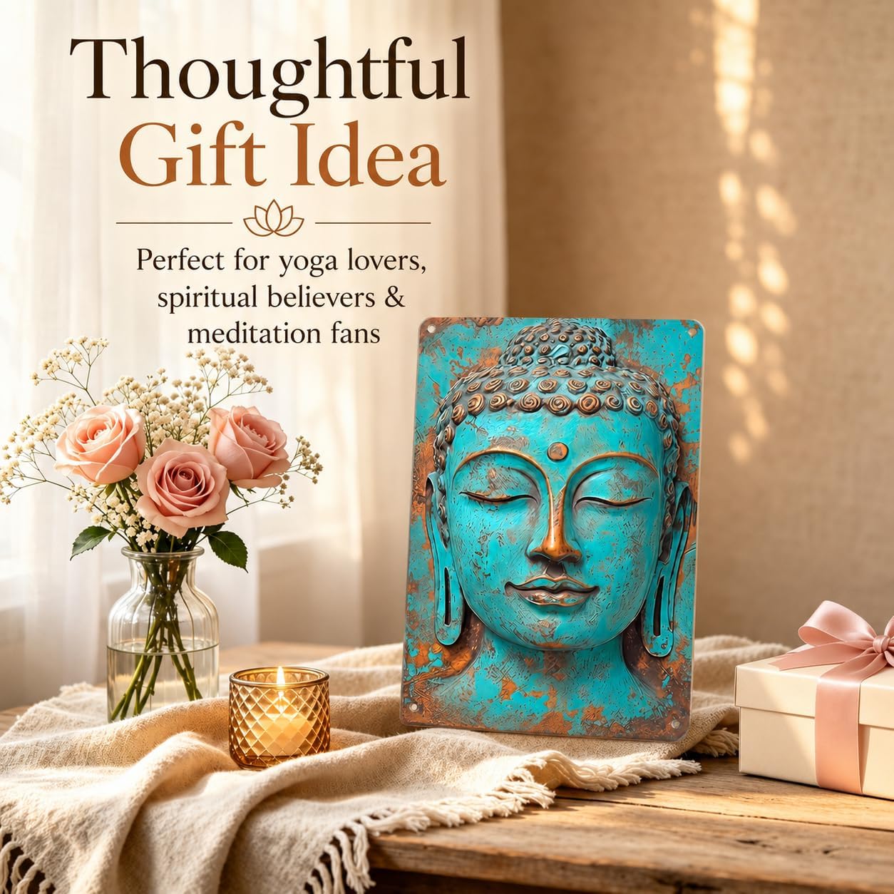 Turquoise Buddha Metal Wall Art, 8x12 Inch Vintage Zen Buddha Aluminum Sign, Rustic Spiritual Decor for Yoga Studio, Meditation Room, Boho Home Accent - Image 3