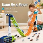 Carrier Truck Toy,33" Foldable 2-Layer Race Track,6 Metal Cars(Green) | Easy to Store and Carry,Birthday Toy Gift for Toddler Boys Girls 3 4 5 6 7 8 - Image 4