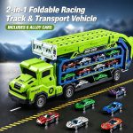 Carrier Truck Toy,33" Foldable 2-Layer Race Track,6 Metal Cars(Green) | Easy to Store and Carry,Birthday Toy Gift for Toddler Boys Girls 3 4 5 6 7 8 - Image 9
