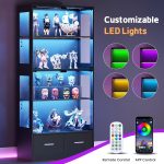67" Display Cabinet with Glass Doors and 2 Drawers | Black | RGB LED Lights, Pop-Up Glass Doors, Adjustable Shelves, Anti-Tip Design - Image 4
