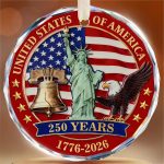 250th Anniversary USA Ornament, Crystal Glass Christmas Ornament 2026 | 1776-2026 marks 250 years of America with the Statue of Liberty, Liberty Bell, eagle and US flag. A patriotic holiday gift. - Image 2