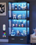 67" Display Cabinet with Glass Doors and 2 Drawers | Black | RGB LED Lights, Pop-Up Glass Doors, Adjustable Shelves, Anti-Tip Design - Image 2
