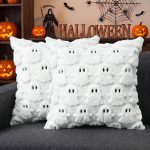 AVOIN colorlife Halloween Ghost White Throw Pillow Cover Set of 2, 18 x 18 Inch Soft Plush Faux Fur Jacquard Spooky Cushion Case Decoration for Sofa Couch - Image 2