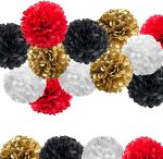 Aimtohome Red White Black Gold Paper Pom Poms Party Decorations, 12 PCS Tissue Pom Poms for Birthday Party, Family Gathering,Wedding,Boy or Girl Nursery Classroom Decoration - Image 2