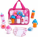 BABESIDE 9 Pcs Baby Doll Accessories with Storage Bag for 12-15 Inch Dolls | Baby Doll Feeding Set with Magic Bottles, Pacifiers, Bibs, Diapers & Carry Bag, Pretend Play Toys for Kids - Image 2