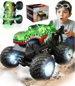 BEZGAR 1:20 Monster Truck Toys, 360°Stunt RC Cars with Music and Light | Green Dinosaur Toys with 2 Batteries and Wireless LED Strobe Lights, Remote Control Car with Glowing wheels for boys - Image 2