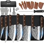 Butcher Knife Set, Hand Forged Butcher Chef Knife Set with Roll Bag | High Carbon Steel 14PCS Meat Cleaver Knife, Bone Chopper Knives, Fillet Knives for Kitchen, Camping Outdoor BBQ, Gift for Men - Image 2