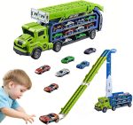 Carrier Truck Toy,33" Foldable 2-Layer Race Track,6 Metal Cars(Green) | Easy to Store and Carry,Birthday Toy Gift for Toddler Boys Girls 3 4 5 6 7 8 - Image 2