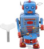 Clockwork Tin Robot Toy Desk Decor Blue | Clockwork drumming action, retro collectible, for home office decor & gifting, tin material, 3.74 x 2.16 x 2.16in - Image 2