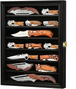 DisplayGifts Pocket Knife Display Case Stand Military Folding Knives Display Frame Shadow Box for Hunting Knives Collectibles with 98% UV Protection Lockable (Black Finish) - Image 2