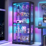 Dystler Display Cabinet with Glass Doors, RGB Lights for Collectibles | 71'' Tall with Adjustable Shelves, Human Sensor LED Lighting Curio Cabinet, Black - Image 2