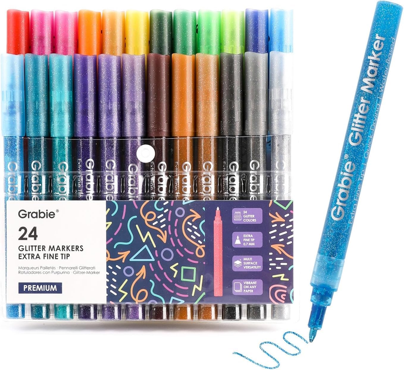 Grabie Glitter Acrylic Paint Markers, Pack of 24 Medium Tip Paint Pens | Metallic Glitter Quick-Drying Water-Based Ink, 0.7mm Fine Lines for Detail Drawing, Smooth Sparkle Color Coverage - Image 2