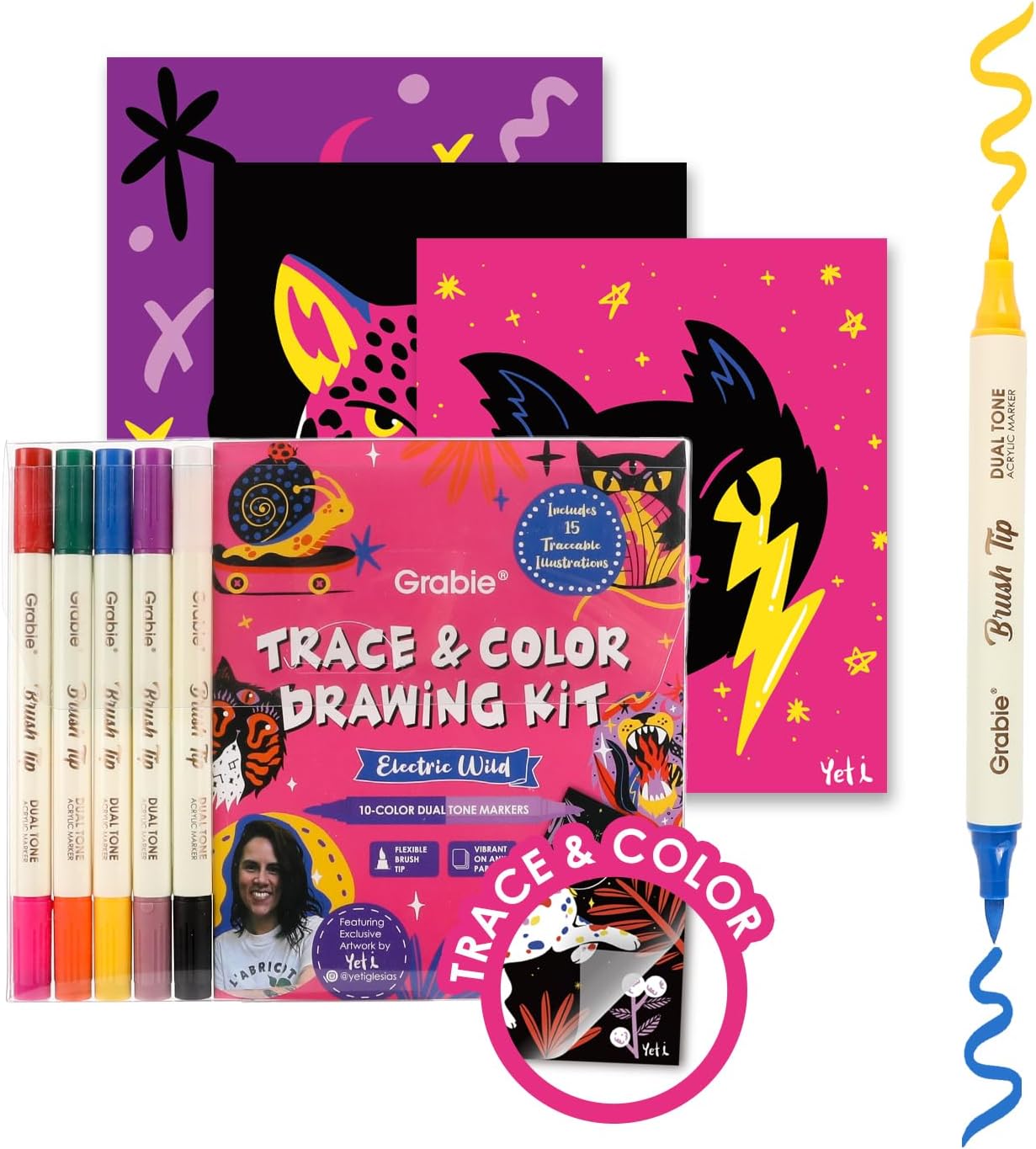 Grabie Trace & Color Drawing Kit, Pack of 5 Dual Tip Markers, Yeti Collab | 15 Pre-Printed Designs, Beginner-Friendly Drawing Set, Vellum Paper for Tracing, Creative Hobby Art Supplies - Image 2