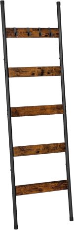 HOOBRO Blanket Ladder, 5-Tier Towel Rack with Hooks, Wall-Leaning Blanket Rack, Decorative Display Ladder Shelf, for Scarves, Industrial, Living Room, Bedroom, Rustic Brown and Black BF52CJ01 - Image 2