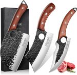 Huusk Kitchen Knife Set - Hand Forged Viking Chef Knives for Meat, Men Gift | Japanese High Carbon Steel Hand Forged, Butcher, Cleaver, Boning, Serbian Chef Knife, Rosewood Handle, for Home & Outdoor BBQ - Image 2