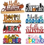 Interchangeable Seasonal Decor Metal Table Sign Set with Wooden Base | 8PCS Holiday & Seasonal Signs for Home Decor, Farmhouse Tiered Tray Decor for Spring Summer Autumn Winter Christmas Halloween - Image 2
