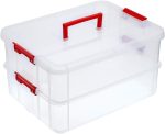 JUXYES 2-Tiers Plastic Stack Carry Storage Containers Box wih Handle Lids | Clear Stackable Latching Craft Storage Bin for School Office, Organizing Stationery, Sewing, Art Craft, DIY Supplies, Red - Image 2