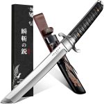 Japan Fixed Blade Knife - D2 Steel Tanto Knife with Carved Sheath | Japanese Hand-ground, Ergonomical Ebony Grip, 5mm Thickd for Camping Outdoor, Collection for Men - Image 2