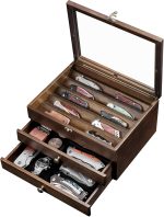 Knife Display Case, Knife Collection Display Holder with Glass Lid, 3-Layer Wooden Pocket Knife Case with Drawers (Walnut) - Image 2