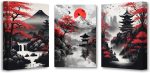 PBXBJY Japanese Canvas Wall Art 3 Pieces Japanese Landscape Painting Prints Red and Black Cherry Blossom Trees Building Pictures Living Room Office Decor Frame (12x16inchx3Pcs) - Image 2