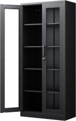 PEUKC Display Cabinet with Glass Doors, 71 Inches Metal Display Case with 4 Adjustable Shelves, Curio Storage Cabinet with Lock for Home, Office, Book, Pantry, Assemble Required (Black) - Image 2