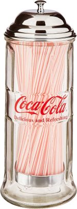 Tablecraft Coca-Cola Glass Straw Dispenser with Metal Lid, Small - Image 2
