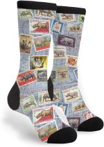 Unisex Fun Novelty Crazy Crew Socks Rhino Postage Stamp Collage Dress Socks - Image 2