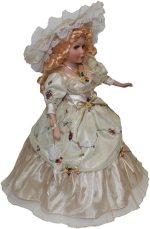 Victorian Porcelain Doll 16 Inch Standing with Beige Overlay Gown and Matching - Image 2