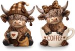 Wesiti 2 Pcs Coffee Highland Cow Figurines Decor, Coffee Cow Desk Decorations Gnomes Scottish Resin Statue Calf for Home Garden Kitchen Office Tiered Tray Table - Image 2