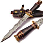 custom Hand Made Damascus Steel Collectible wavy dagger Knife Handle bull horn with Brass Inserts (Black) - Image 2